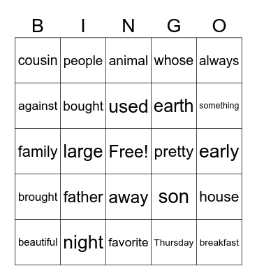 Trick Words Bingo Card
