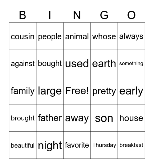 Trick Words Bingo Card