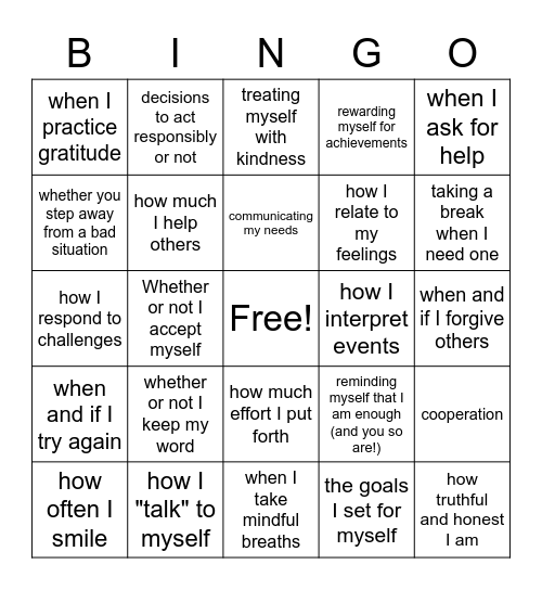 Things I Can Control Bingo Card