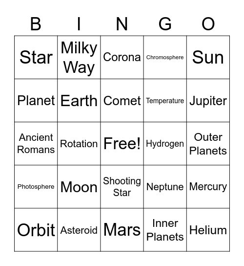 Solar System Bingo Card