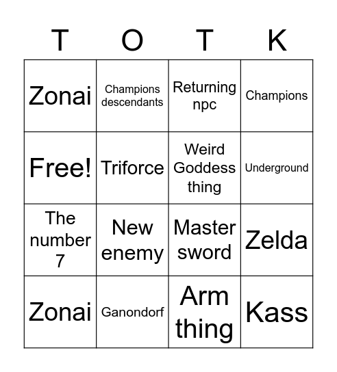 Tears of the Kingdom Bingo Card