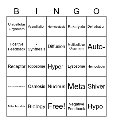 Homeostasis Bingo Card