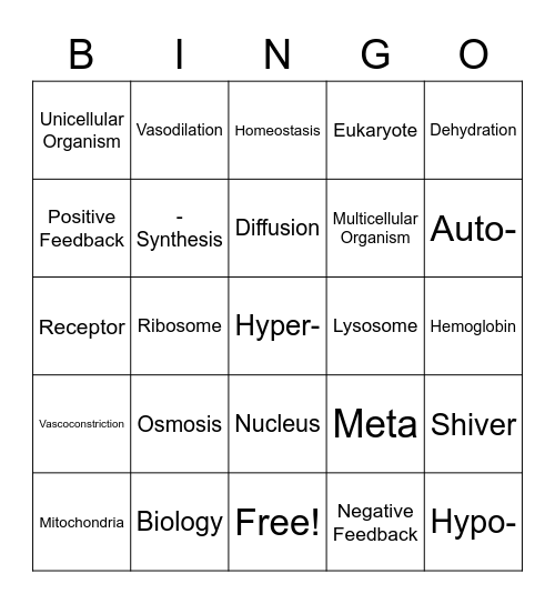 Homeostasis Bingo Card