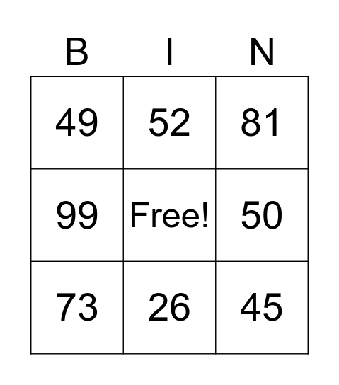 NUMEROS DEL 30 AL 100 Bingo Card