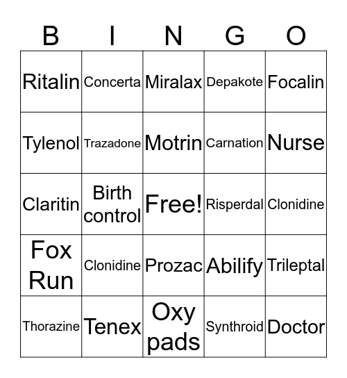 Medication Bingo Card
