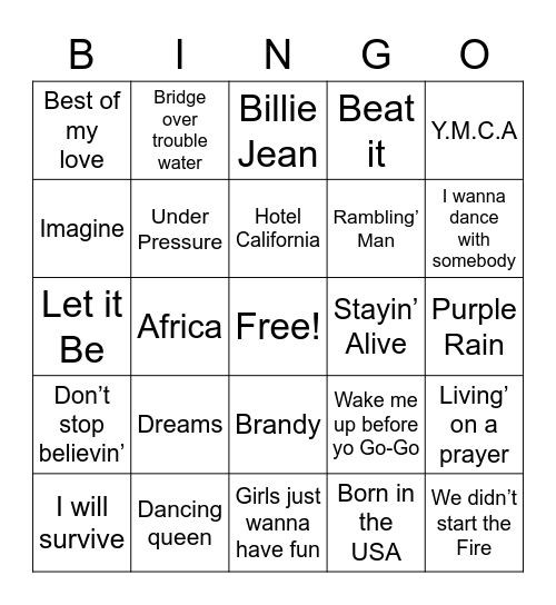 70s and 80s Bingo Card