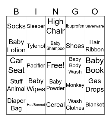 Baby J's Baby Shower Bingo Card