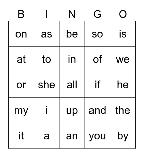 Site Words Set #1 Bingo Card