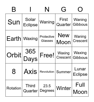 Earth - Sun - Moon Bingo Card