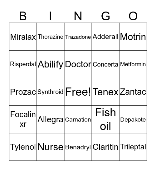 Medication Bingo Card