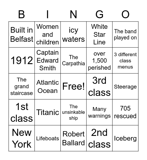 Titanic Bingo Card