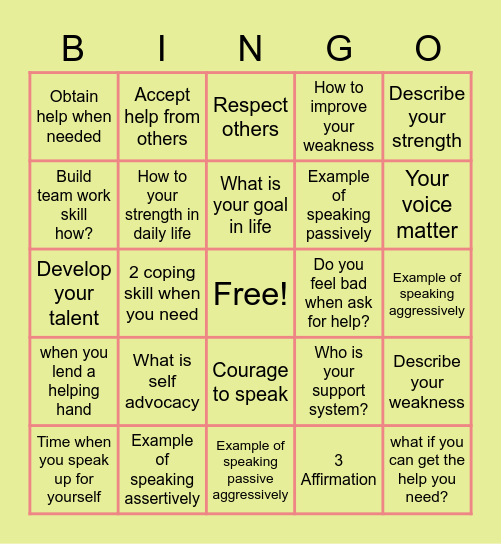 Self-Advocacy & Communication Bingo Card