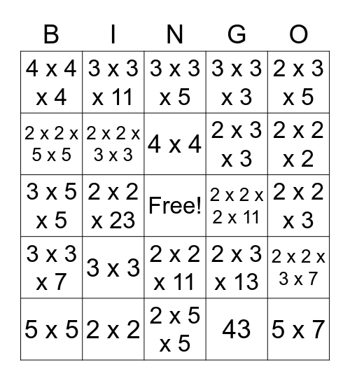 Prime Factorization Bingo Card