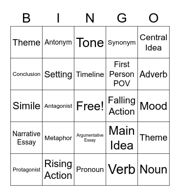 Middle School ELA Bingo Card