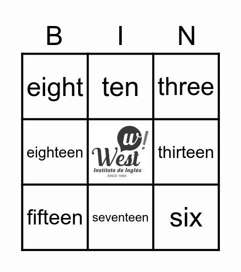 Nubers 1 - 20 Bingo Card