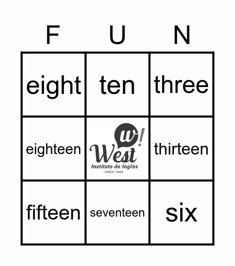 Numbers 1 - 20 Bingo Card