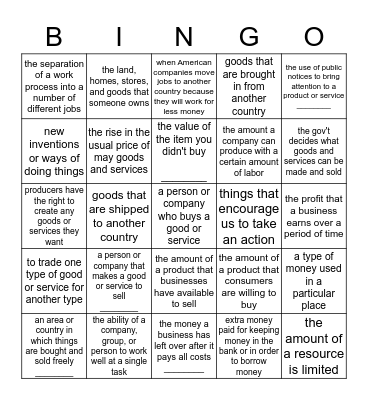 Chapter 4 Definitions Bingo Card