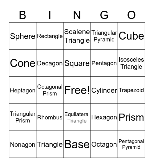 Polygons and Polyhedrons Bingo Card