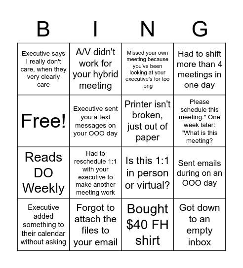 Fred Hutch Executive Support Bingo Card