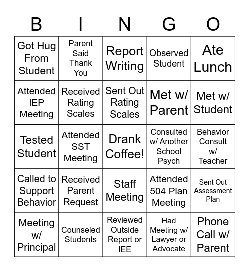 A Day In The Life Of A School Psychologist Bingo Card