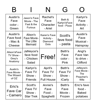 JOCO RISE Favorites Bingo Card