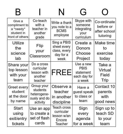 Creek Bingo January 2016 Bingo Card