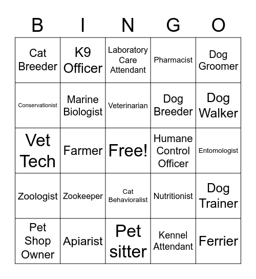 Animal Careers Bingo Card