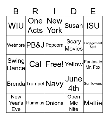 Bridal Bingo Card