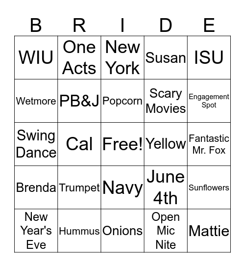 Bridal Bingo Card