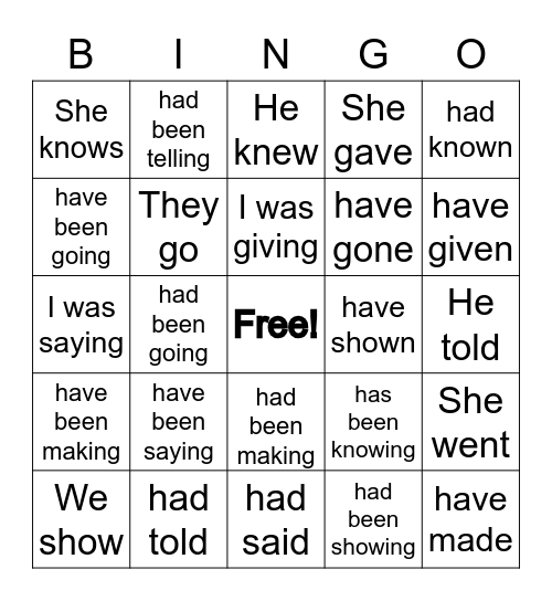 Present and Past Bingo Card