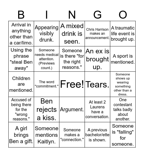 Bachelor Bingo-Season 20-Ben Bingo Card
