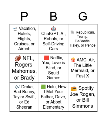 ParlayBoardGame.com -- Dinner Party Bingo Card