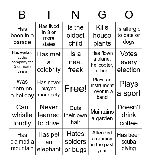 Charitable Giving Team Bingo Card