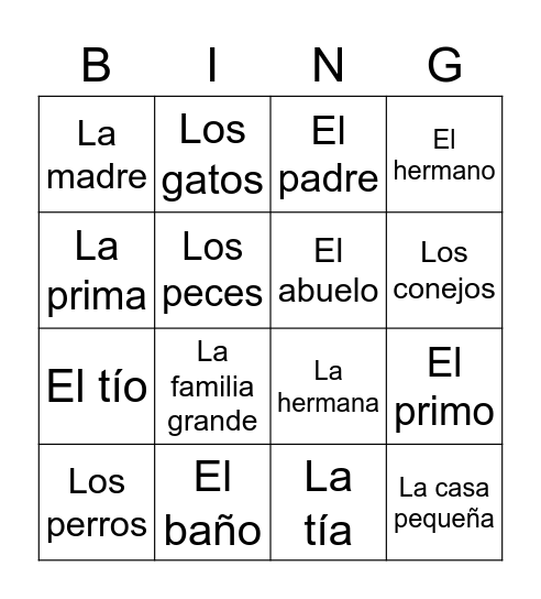 1st Grade La Familia Bingo Card