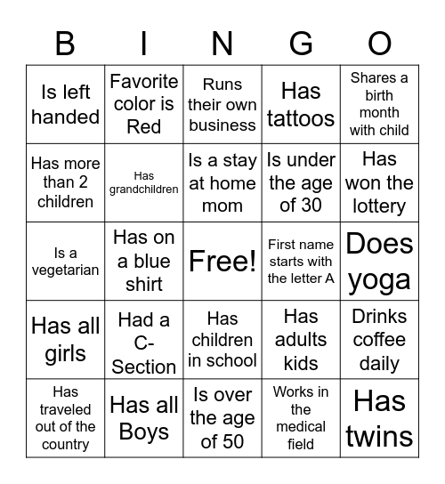Find a Mom Who.. Bingo Card