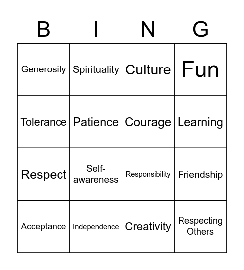 Core Values Bingo! Bingo Card