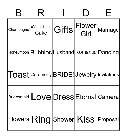 Jenna's Bridal Shower Bingo Card