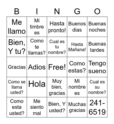 Spanish Greetings Bingo Card