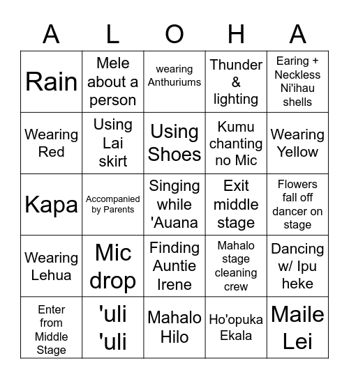 MS Aloha Hula 2023 - Facebooklive Kalae Keala Bingo Card