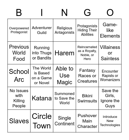 Isekai Bingo Card