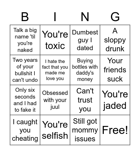 Hate Him Bingo Card