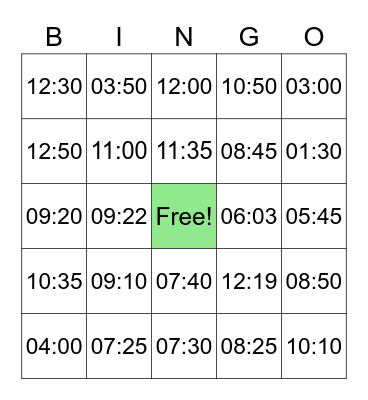 Telling Time Bingo Card