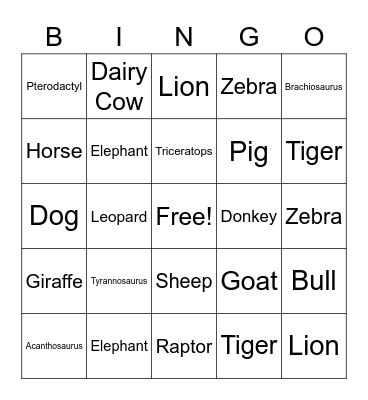 Animal Bingo Card
