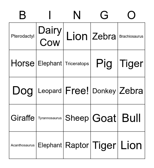 Animal Bingo Card