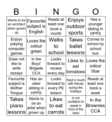 Getting to know my classmates Bingo Card