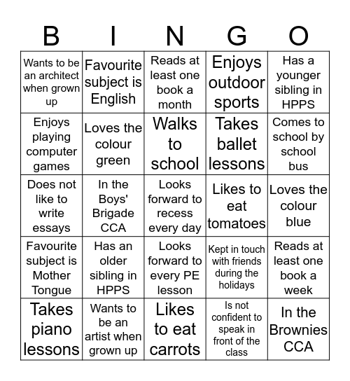 Getting to know my classmates Bingo Card