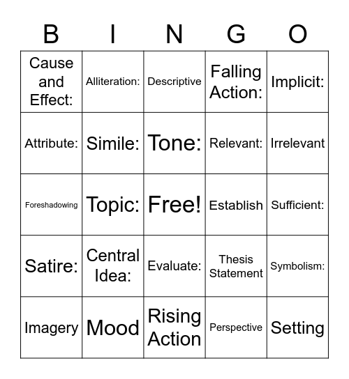 ELA Vocabulary Review Bingo Card