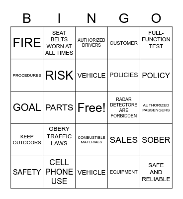 Safety Bingo Card