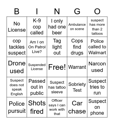 On Patrol Bingo Card