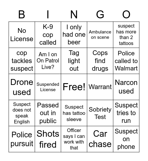 On Patrol Bingo Card